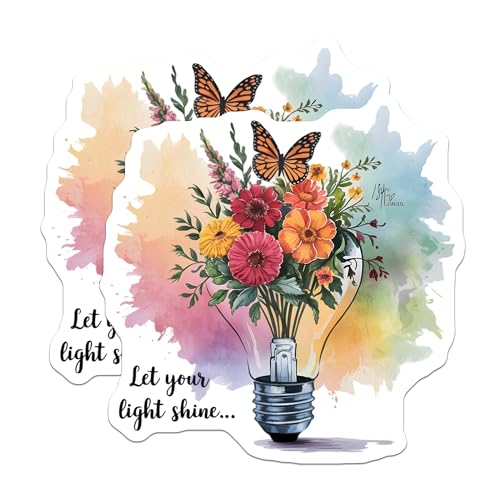 (2 Pack) Inspirational Floral Stickers - Watercolor Lightbulb - Butterfly and Flowers Stickers - 5" On Longest Side - Sticks to Smooth Flat Surfaces - Made in USA - BMCS6661