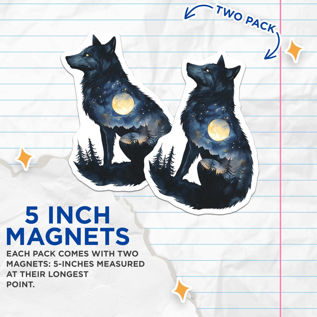 (2 Pack) Wolf Scene Magnets - Celestial Wolf Art - Nature Magnets - 5" On Longest Side - Premium Magnet - for Cars, Refrigerators, Toolboxes, Lockers - Made in USA - MAG14368