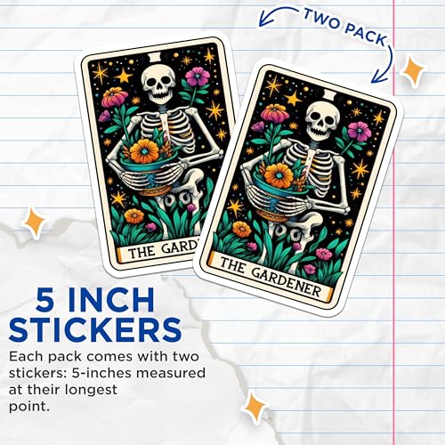 (2 Pack) Skeleton Gardener Stickers - Funny Skeleton Stickers - Floral Skeleton Stickers - 5" On Longest Side - Sticks to Smooth Flat Surfaces - Made in USA - BMCS5414