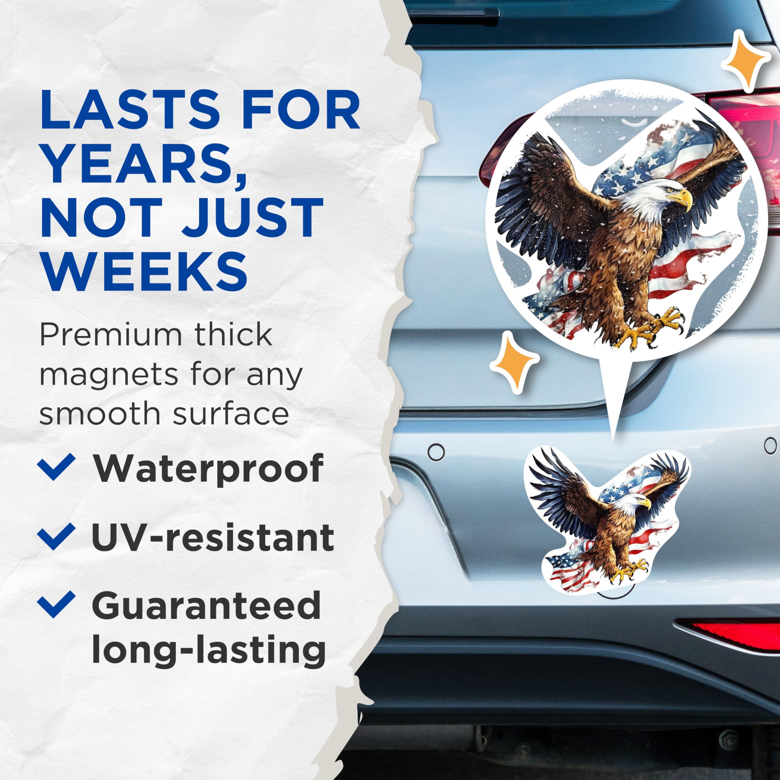 (2 Pack) Bald Eagle American Flag Patriotic Magnets - USA American Pride - 5 Inches On Longest Side - Premium Magnet - for Cars, Refrigerators, Toolboxes - Made in USA - MAG2235