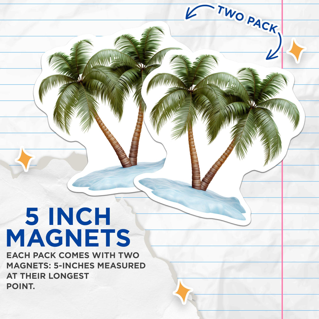 (2 Pack) Tropical Palm Trees Magnets - Island Beach Scene Decor - Summer Vacation Vibes - 5 Inches On Longest Side - Thick Durable Magnet - Made in USA - MAG19592