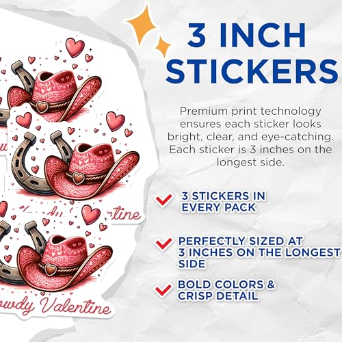 (3 Pack) Howdy Valentine Decals - Cowboy Hat - Valentines Day Stickers - 3 Inches On Longest Side - Easy Peel & Apply - Made in USA - 3MCS1920