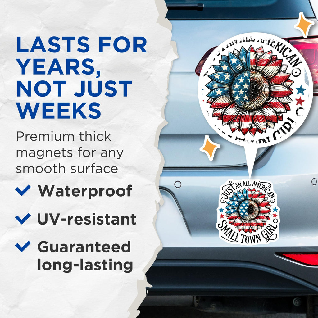 (2 Pack) Just an All American Small Town Girl Magnets - Patriotic Sunflower - Independence Day - 5" On Longest Side - for Cars, Fridges, Toolboxes - Made in USA - MAG7869