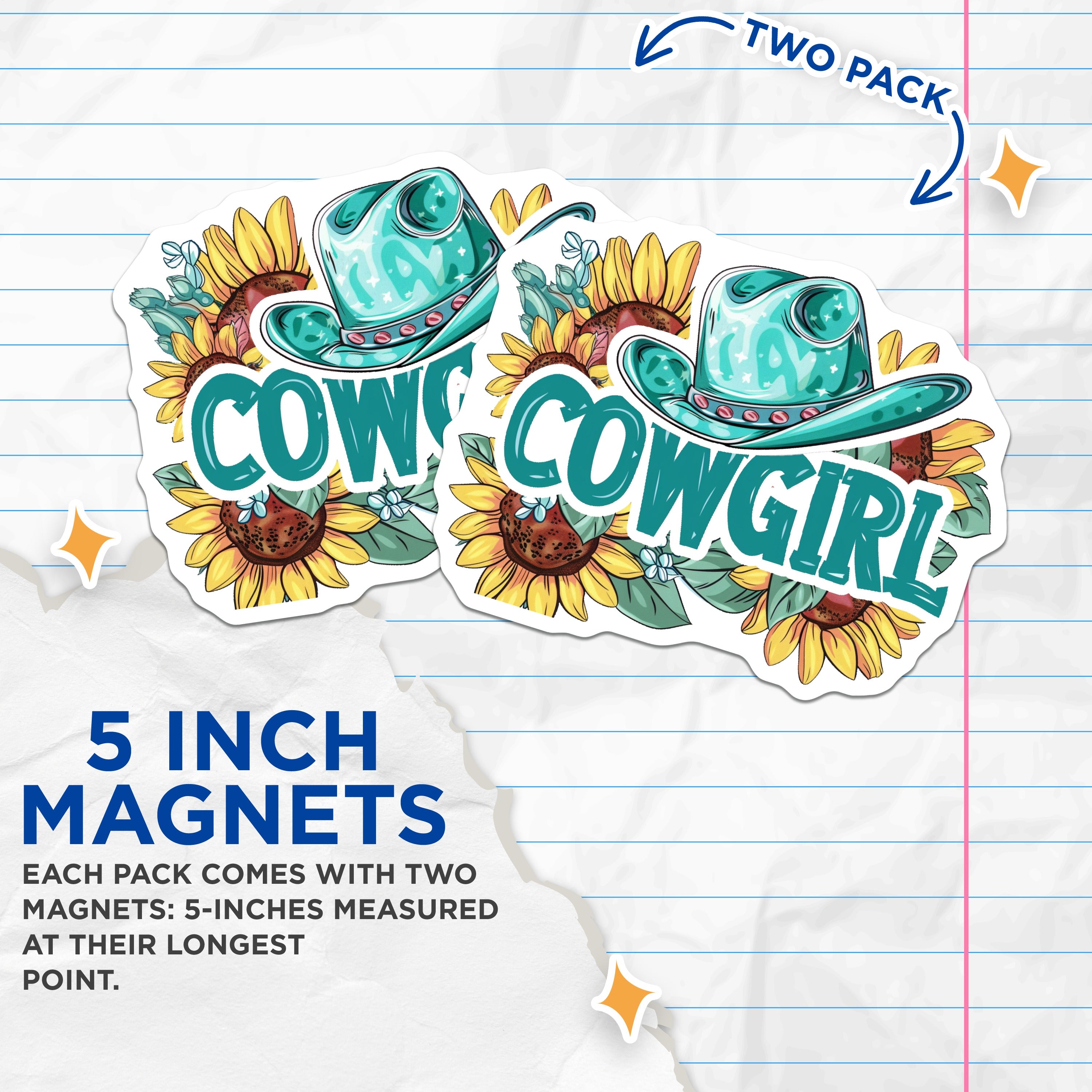 (2 Pack) Cowgirl Magnets - Sunflower Western Decor - Teal Country Hat - Boho Farmhouse Refrigerator - 5 Inches On Longest Side - Thick Durable Magnet - Made in USA - MAG36872