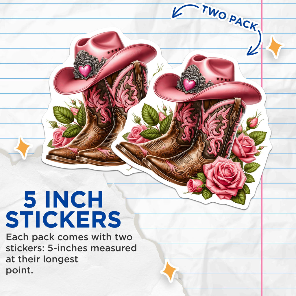 (2 Pack) Pink Cowgirl Boot Stickers - Western Themed Stickers - Country Style Decal - 5" On Longest Side - Sticks to Smooth Flat Surfaces - Made in USA - BMCS5537
