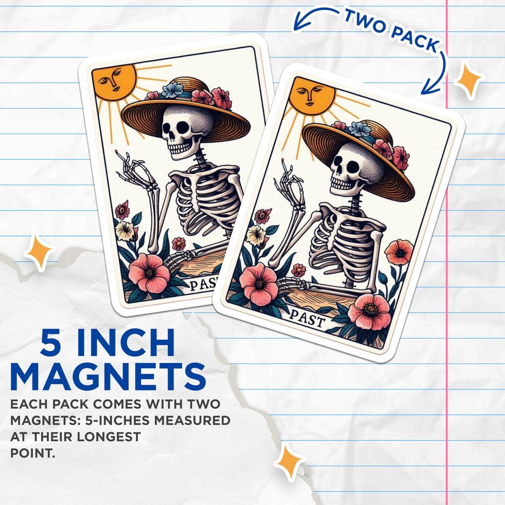(2 Pack) Skeleton Magnets - Straw Hat Floral Skeleton - Past Tarot Card Art Decor - 5 Inches On Longest Side - Thick Durable Magnet - Made in USA - MAG22648