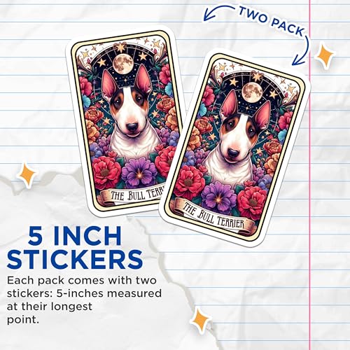 (2 Pack) Bull Terrier Stickers - Dog Breed Art Stickers - Vibrant Flower Stickers - 5" On Longest Side - Sticks to Smooth Flat Surfaces - Made in USA - BMCS4794