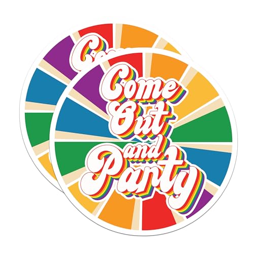 (2 Pack) Come Out and Party Stickers - LGBTQ+ Pride Stickers - Rainbow Celebration Stickers - 5" On Longest Side - Sticks to Smooth Flat Surfaces - Made in USA - BMCS4713