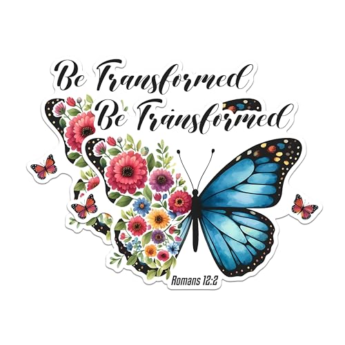 (2 Pack) Be Transformed Stickers - Romans 12:2 Stickers - Inspirational Butterfly Bible Verse Stickers - 5" On Longest Side - Sticks to Any Smooth Flat Surface - Made in USA - BMCS2834
