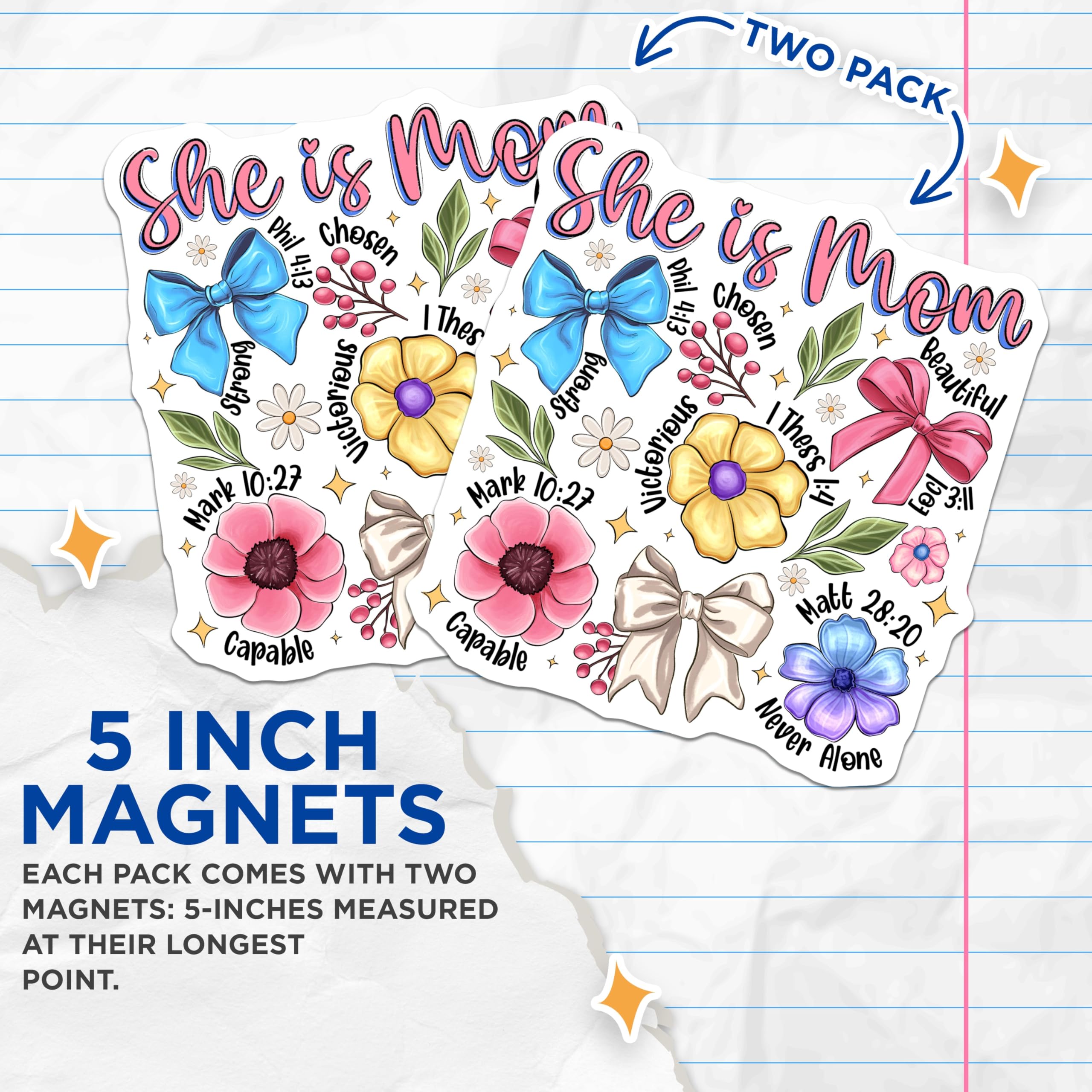 (2 Pack) She is Mom Magnets - Christian Mom Decor - Faith Scripture Quotes - Inspirational Floral Refrigerator Magnets - 5 Inches On Longest Side - Thick Durable Magnet - Made in USA - MAG28651