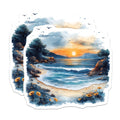 (2 Pack) Coastal Sunset Beach Magnets - Ocean Wave Watercolor Art - Serene Nature Landscape Decor - Peaceful Scene - 5 Inches On Longest Side - Thick Durable Magnet - Made in USA - MAG29446
