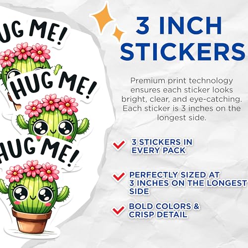 (3 Pack) Cute Cactus Decals - Hug Me Sticker - Laptop Decal - 3 Inches On Longest Side - Easy Peel & Apply - Made in USA - 3MCS0266