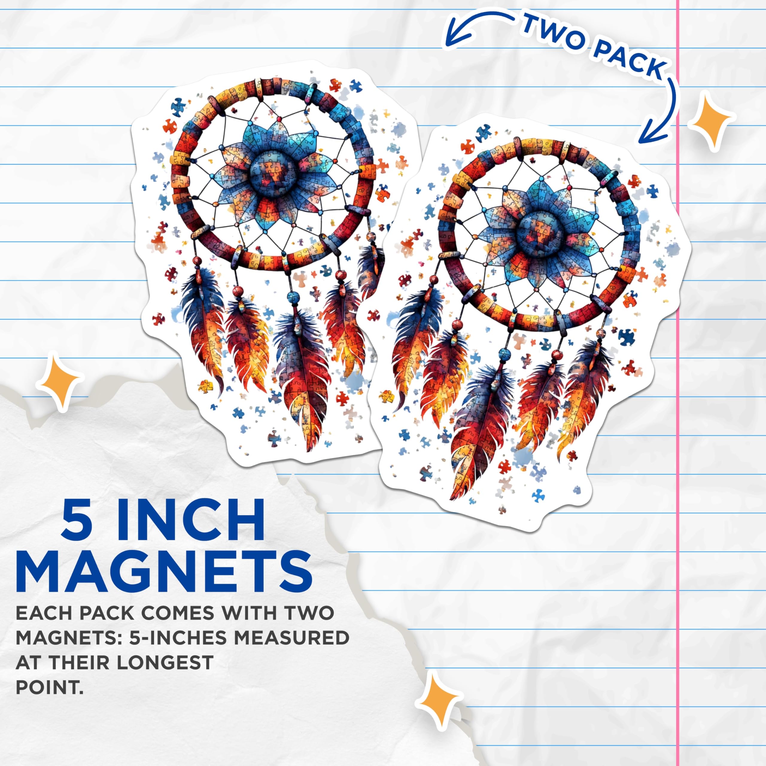 (2 Pack) Dreamcatcher Puzzle Magnets - Bohemian Feathers Decor - Autism Awareness Refrigerator Locker Accent - 5 Inches On Longest Side - Thick Durable Magnet - Made in USA - MAG25024