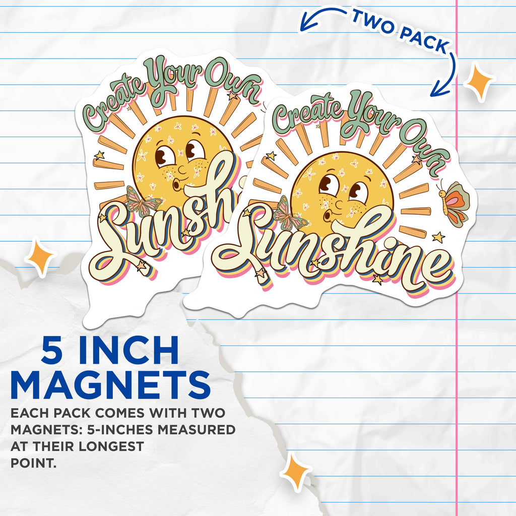 (2 Pack) Create Your Own Sunshine Magnets - Retro 70s Aesthetic - Inspirational Sun Decor - Boho Good Vibes - 5 Inches On Longest Side - Thick Durable Magnet - Made in USA - MAG39666
