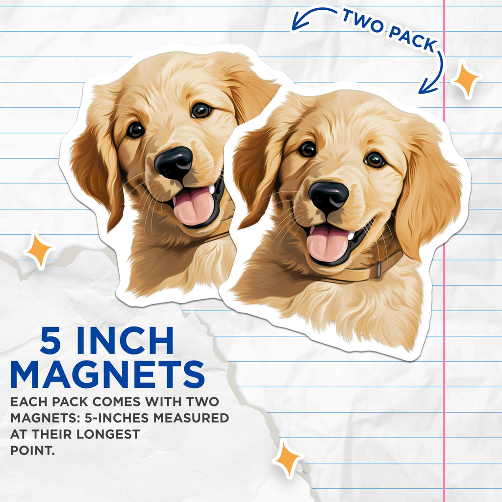 (2 Pack) Golden Retriever Puppy Magnets - Cute Dog Illustration - Pet Lover Decor - Puppy Art Fridge Magnet - 5 Inches On Longest Side - Thick Durable Magnet - Made in USA - MAG23703