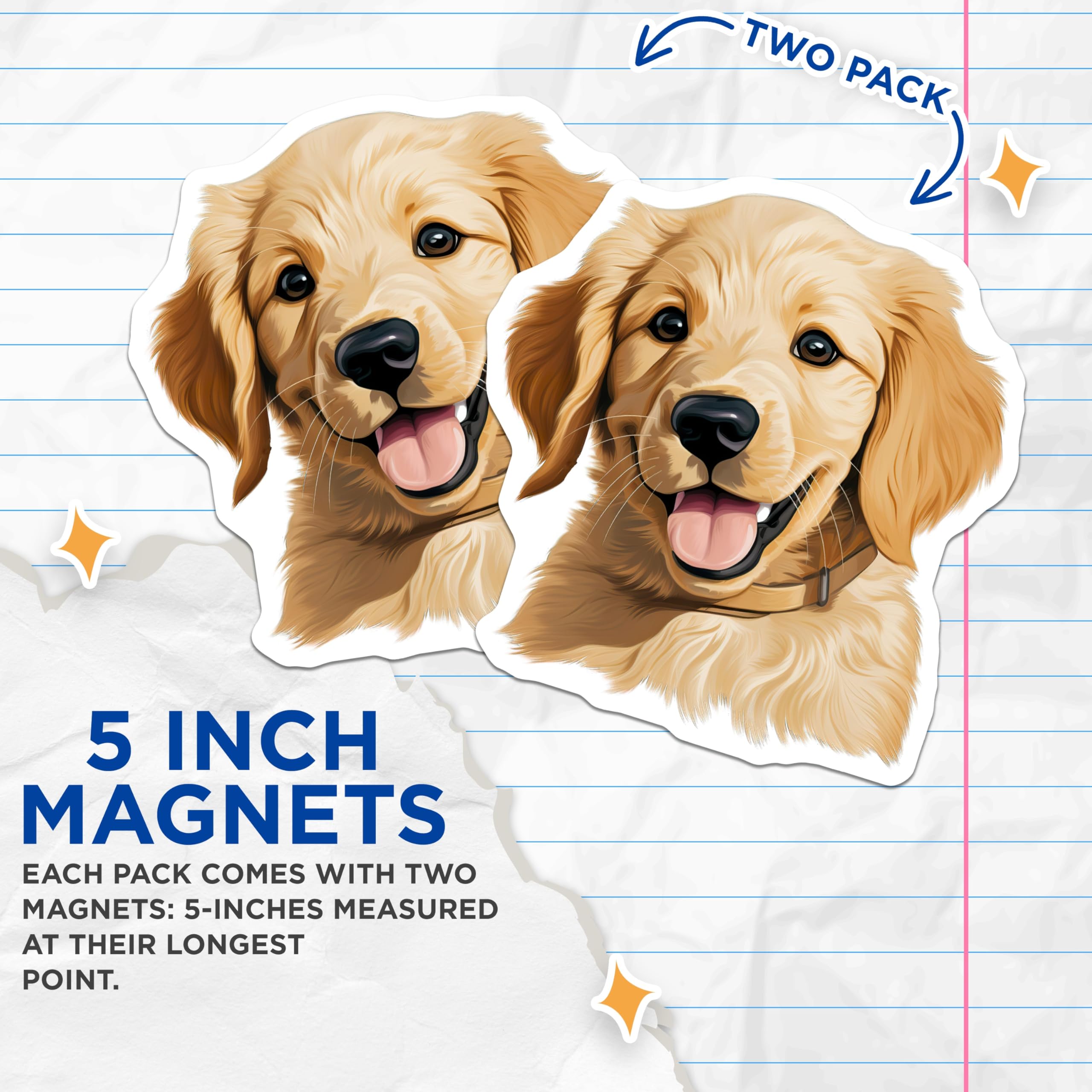 (2 Pack) Golden Retriever Puppy Magnets - Cute Dog Illustration - Pet Lover Decor - Puppy Art Fridge Magnet - 5 Inches On Longest Side - Thick Durable Magnet - Made in USA - MAG23703