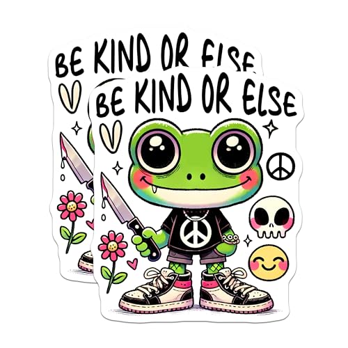 (2 Pack) Be Kind Or Else Stickers - Cute Frog Artwork - Motivational Quote Decal - 5" On Longest Side - Sticks to Smooth Flat Surfaces - Made in USA - BMCS7604