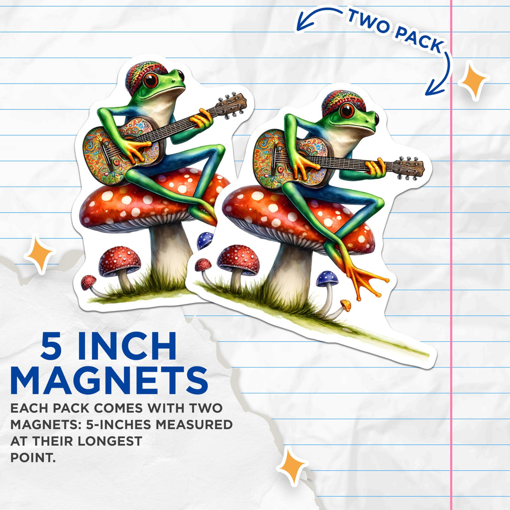 (2 Pack) Frog Playing Guitar Magnets - Toad Musician Art - Quirky Refrigerator Magnets - 5" On Longest Side - Premium Magnet - for Cars, Refrigerators, Toolboxes, Lockers - Made in USA - MAG16738