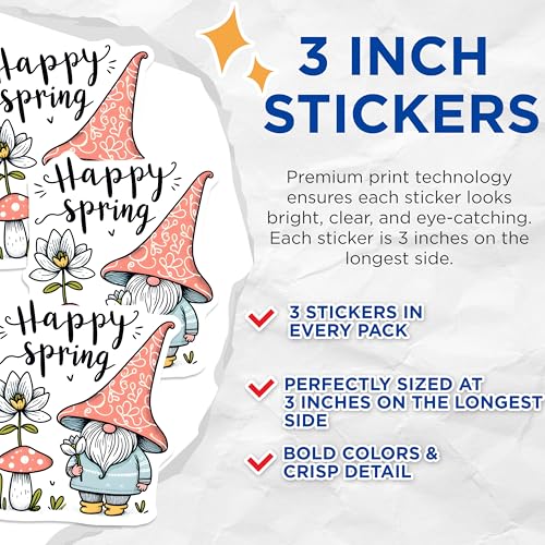 (3 Pack) Happy Spring Decals - Gnome Sticker - Floral Laptop Decals - 3 Inches On Longest Side - Easy Peel & Apply - Made in USA - 3MCS6760