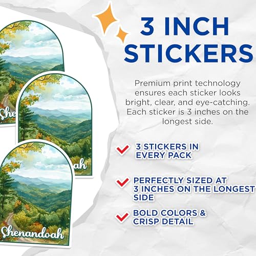 (3 Pack) Shenandoah Decals - National Park Decal - Laptop Decal - 3 Inches On Longest Side - Easy Peel & Apply - Made in USA - 3MCS0425