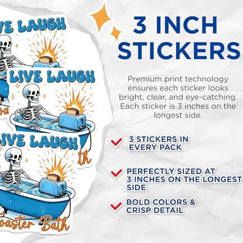 (3 Pack) Skeleton Decals - Toaster Bath - Live Laugh Laptop Decals - 3 Inches On Longest Side - Easy Peel & Apply - Made in USA - 3MCS8540