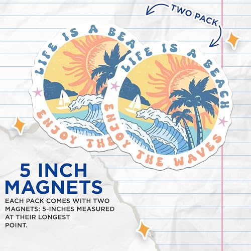(2 Pack) Life is a Beach Magnets - Enjoy The Waves Magnet - Beach Themed Decor - Motivational Quotes Fridge Magnets - 5" On Longest Side - for Cars, Fridges, Toolboxes - Made in USA - MAG6992