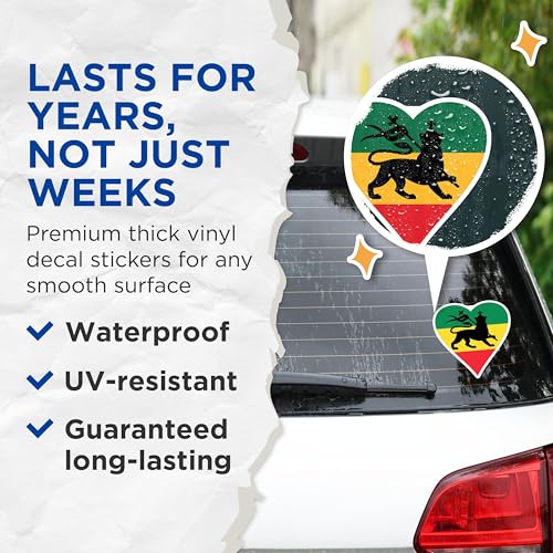 (2 Pack) Lion of Judah Stickers - Rasta Emblem Decals - Ethiopian Flag Heart Decals - 5" On Longest Side - Sticks to Smooth Flat Surfaces - Made in USA - BMCS6225