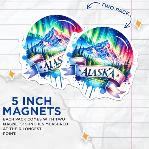(2 Pack) Alaska Magnets - Northern Lights - Scenic Mountain Landscape Art - Alaskan Souvenirs - Travel Collectibles - 5" On Longest Side - for Cars, Fridges, Toolboxes - Made in USA - MAG7213