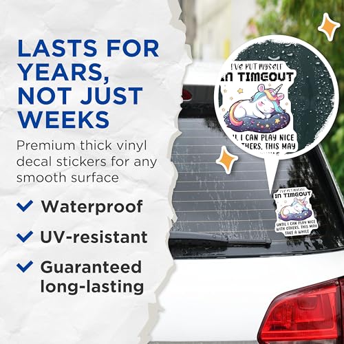 (2 Pack) Unicorn Timeout Stickers - Funny Unicorn Quote - Self Care Reminder - 5" On Longest Side - Sticks to Smooth Flat Surfaces - Made in USA - BMCS7797