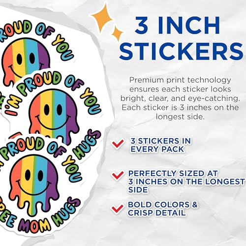 (3 Pack) Proud Mom Rainbow Decals - LGBTQ Decal - Free Hugs Decal - 3 Inches On Longest Side - Easy Peel & Apply - Made in USA - 3MCS2677