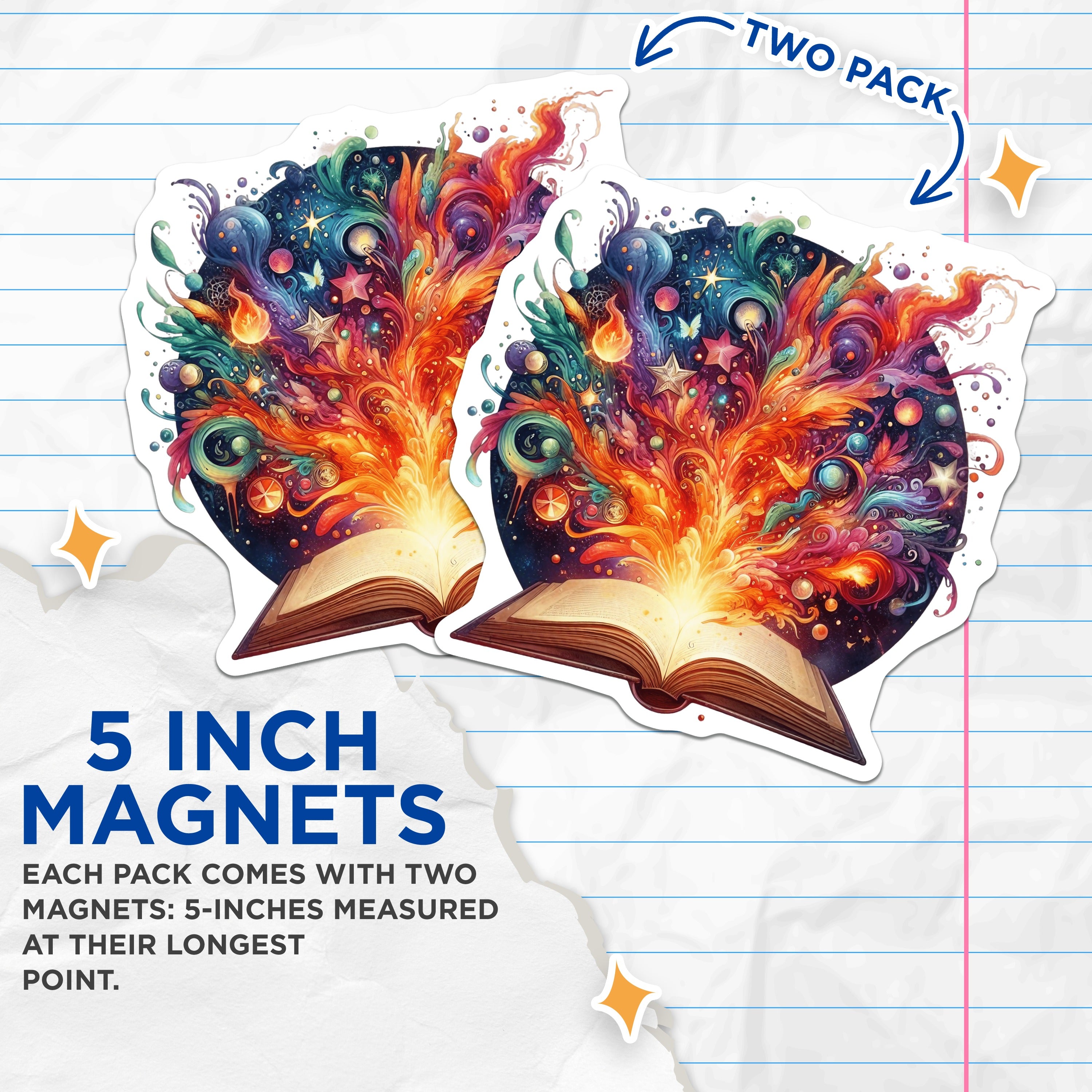 (2 Pack) Imagination Book Magnets - Whimsical Reader Decor - Storytelling Fridge Art - Celestial Inspiration - 5 Inches On Longest Side - Thick Durable Magnet - Made in USA - MAG39748
