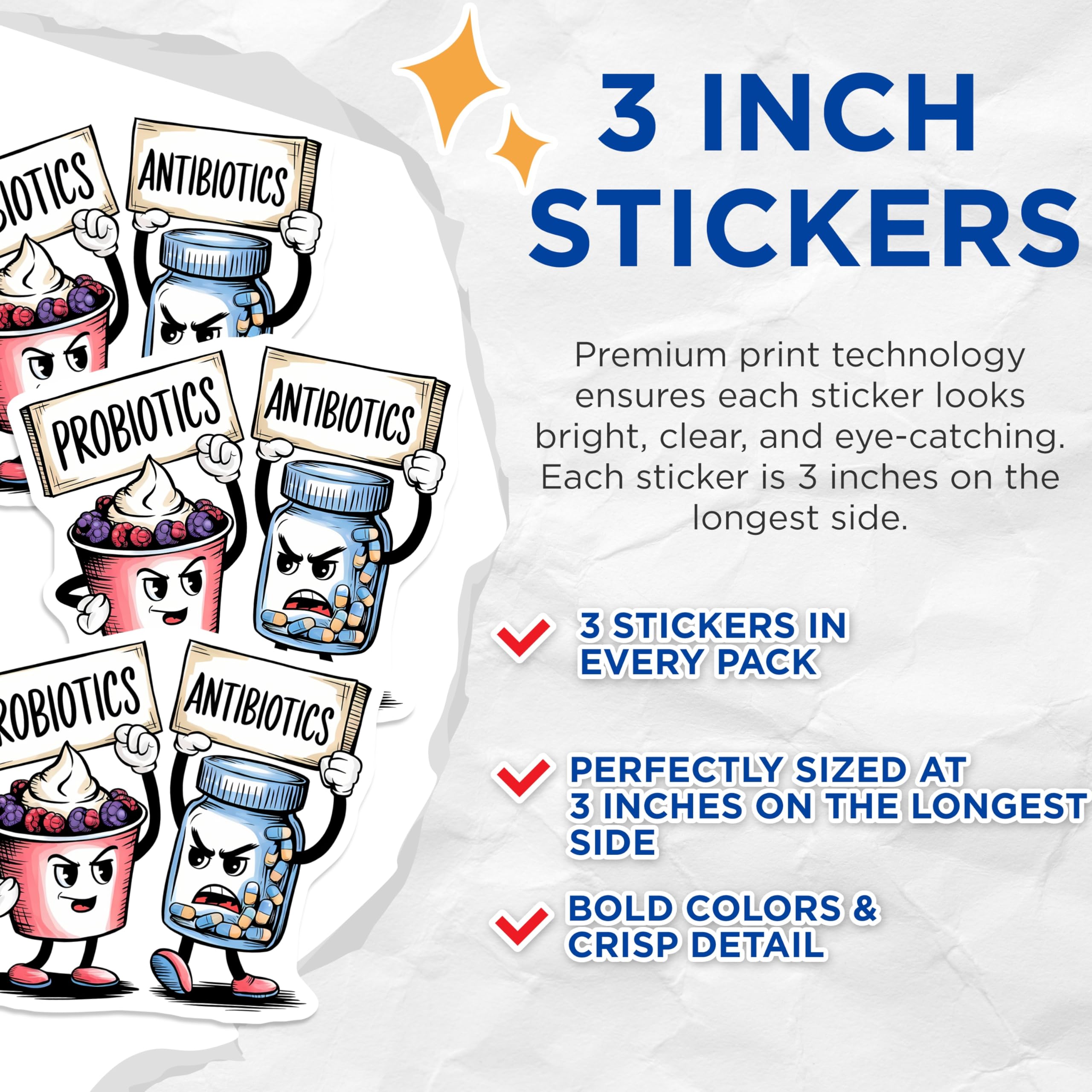 (3 Pack) Probiotics Antibiotics Decals - Health Science Stickers - Funny Medicine Decals - 3 Inches On Longest Side - Easy Peel & Apply - Made in USA - 3MCS6398