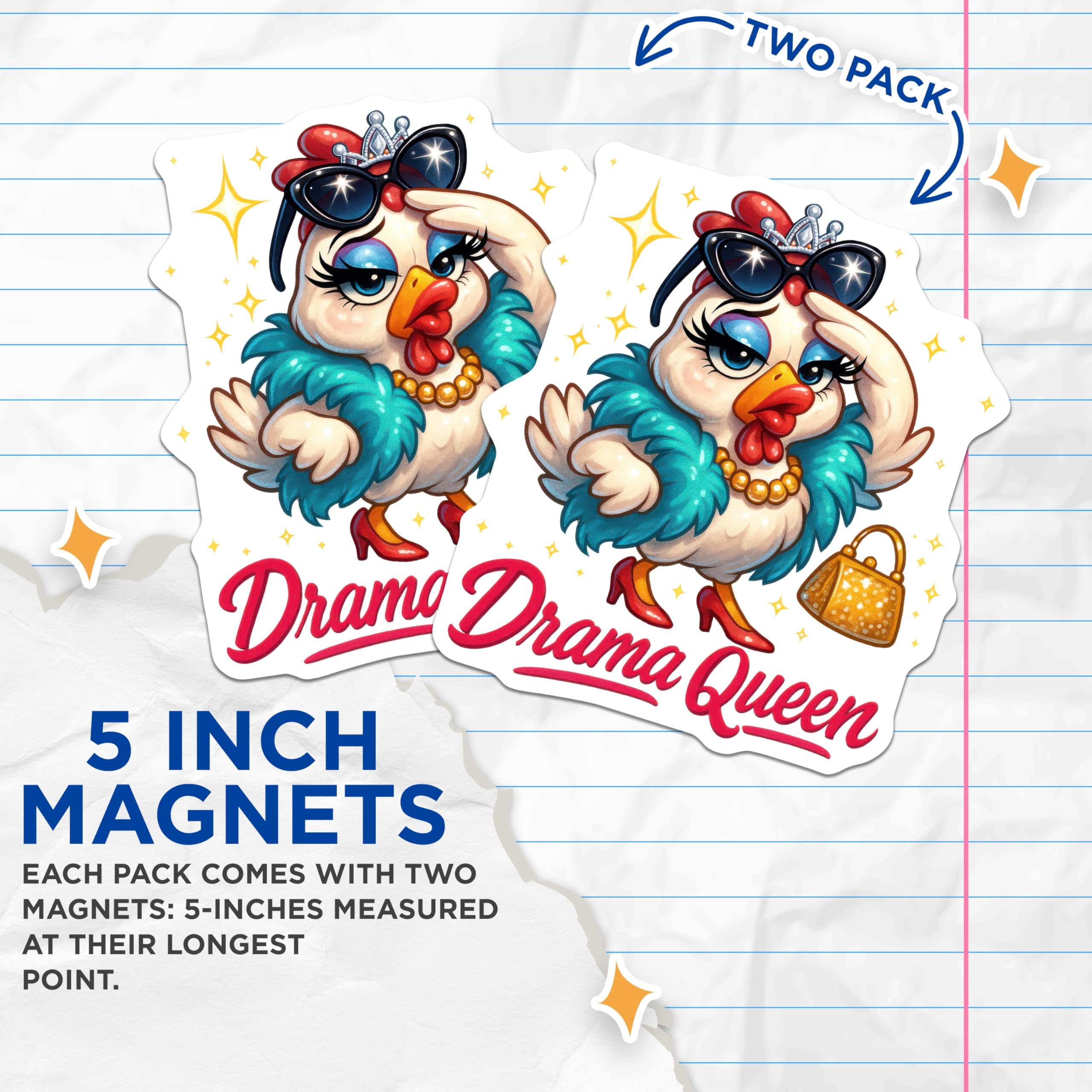 (2 Pack) Drama Queen Chicken Magnets - Sassy Hen Refrigerator Decor - Humorous Farm Animal Accent - 5 Inches On Longest Side - Thick Durable Magnet - Made in USA - MAG21197