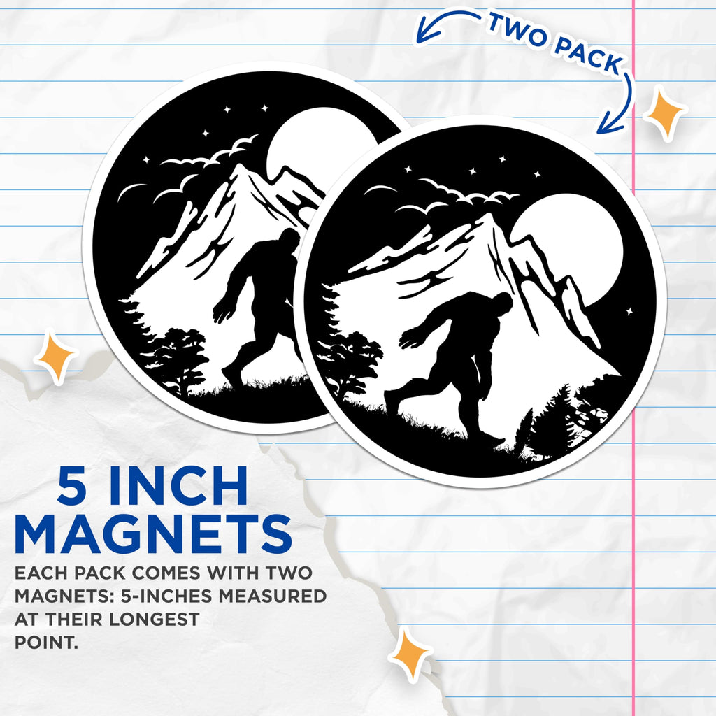 (2 Pack) Bigfoot Magnets - Sasquatch Mountain Forest Scene - Cryptid Hunter Decor - 5 Inches On Longest Side - Thick Durable Magnet - Made in USA - MAG22357