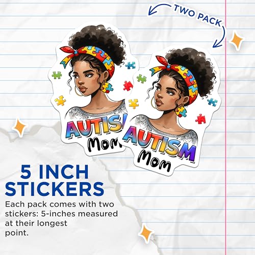 (2 Pack) Autism Mom Stickers - Awareness Decal - Puzzle Piece Art - 5" On Longest Side - Sticks to Smooth Flat Surfaces - Made in USA - BMCS8121