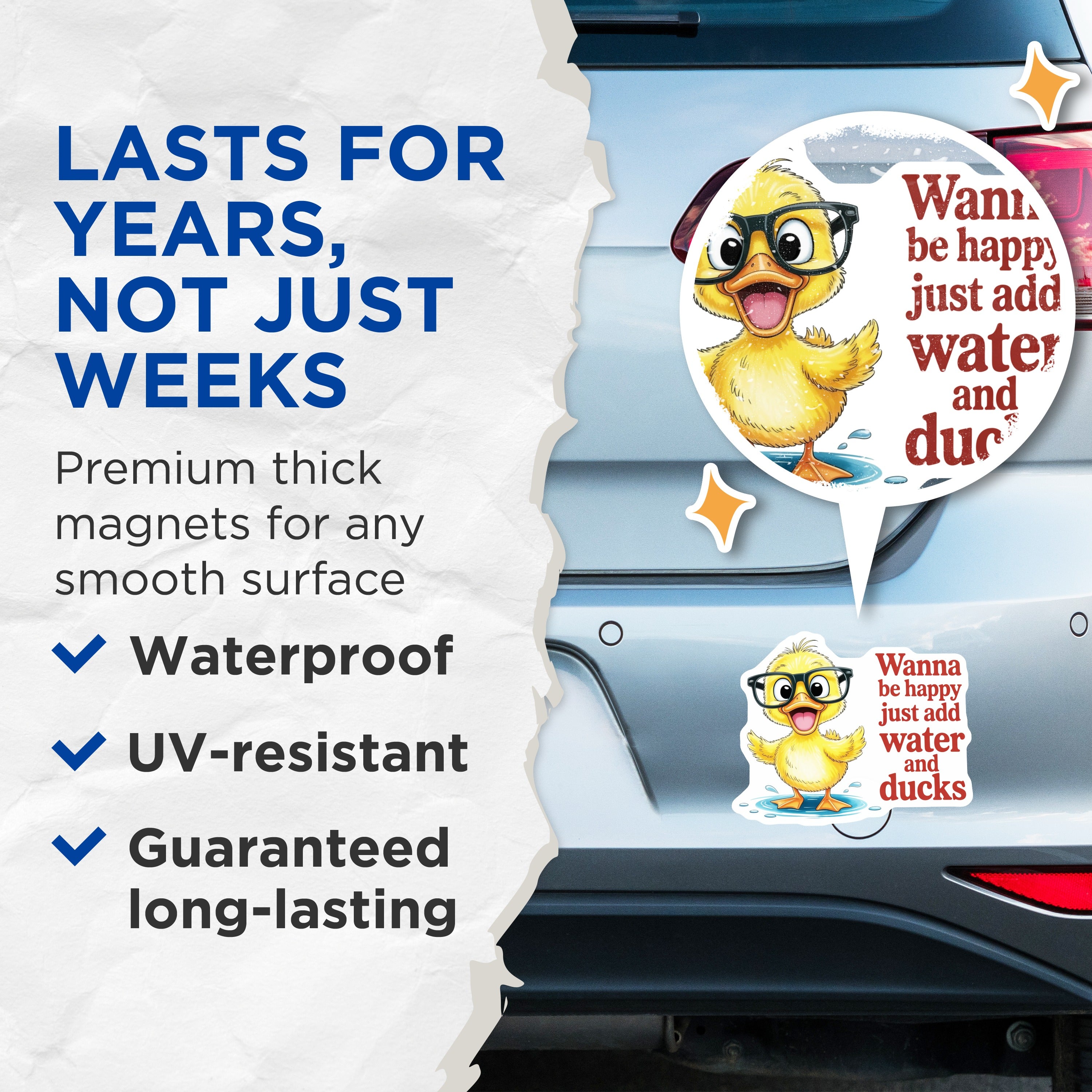 (2 Pack) Cute Duck Magnets - Happy Quote Refrigerator Decor - Funny Animal Kitchen Appliance Accents - 5 Inches On Longest Side - Thick Durable Magnet - Made in USA - MAG38800