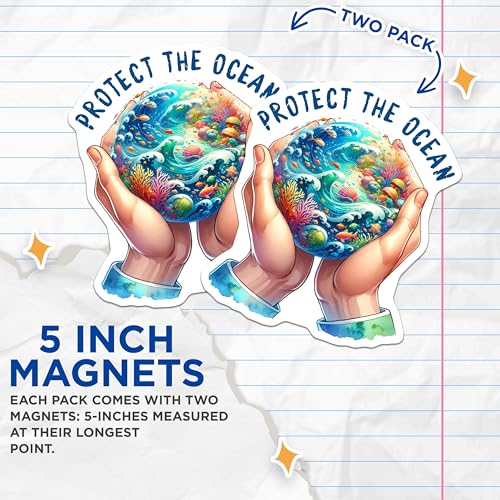 (2 Pack) Protect The Ocean Magnets - Save Marine Life - Eco-Friendly Home Decor - Ocean Conservation Art - 5" On Longest Side - for Cars, Fridges, Toolboxes - Made in USA - MAG7948