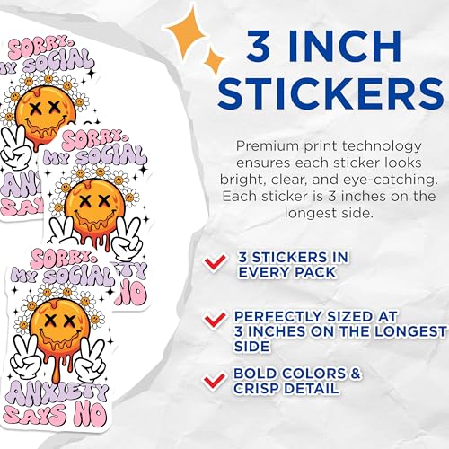 (3 Pack) Social Anxiety Decals - Smiley Face Decal - Laptop Decal - 3 Inches On Longest Side - Easy Peel & Apply - Made in USA - 3MCS6435
