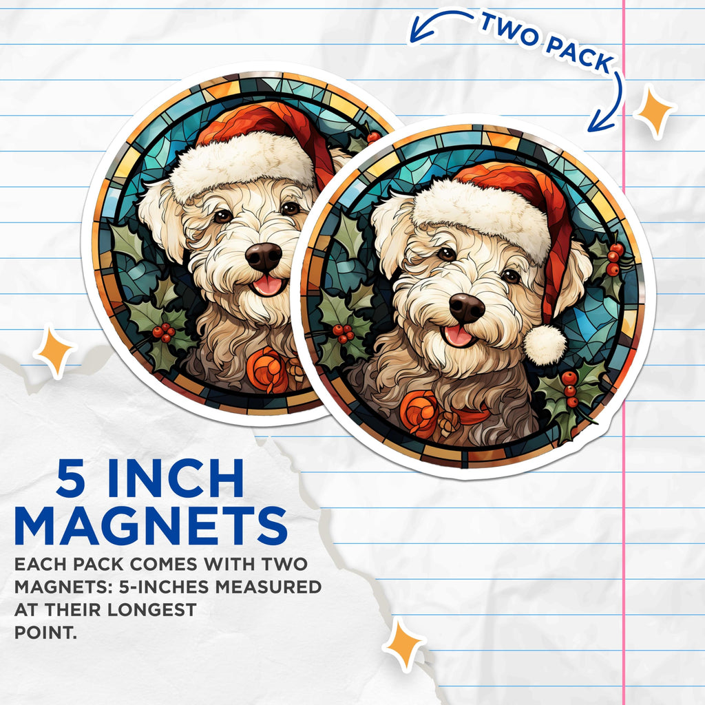 (2 Pack) Christmas Dog Magnets - Santa Goldendoodle Stained Glass Art - Holiday Fridge Pet Decor - 5 Inches On Longest Side - Thick Durable Magnet - Made in USA - MAG26278
