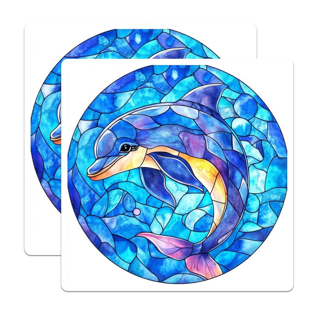 (2 Pack) Dolphin Stained Glass Magnets - Ocean Watercolor Art - Marine Animal Decor - 5 Inches On Longest Side - Thick Durable Magnet - Made in USA - MAG26039