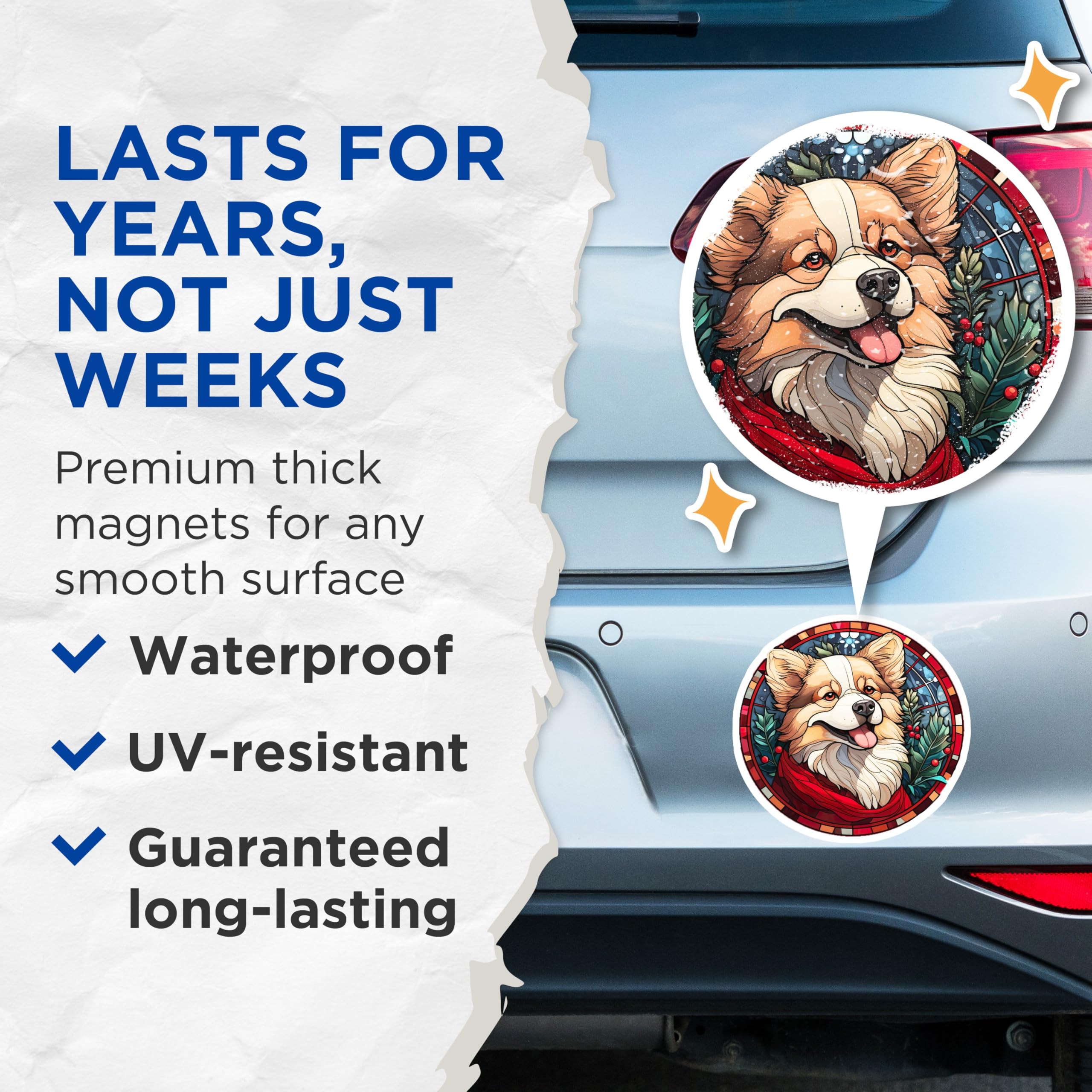 (2 Pack) Corgi Dog Magnets - Stained Glass Art - Holiday Christmas Decor - Pet Lover Refrigerator Magnets - 5 Inches On Longest Side - Thick Durable Magnet - Made in USA - MAG28816