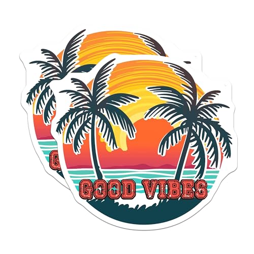 (2 Pack) Good Vibes Stickers - Tropical Beach Stickers - Sunset Palm Tree Stickers - 5" On Longest Side - Sticks to Smooth Flat Surfaces - Made in USA - BMCS4323
