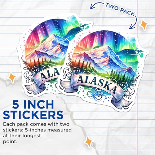 (2 Pack) Alaska Adventure Stickers - Northern Lights Mountain Decal - Travel Destination Art - 5" On Longest Side - Sticks to Smooth Flat Surfaces - Made in USA - BMCS6780