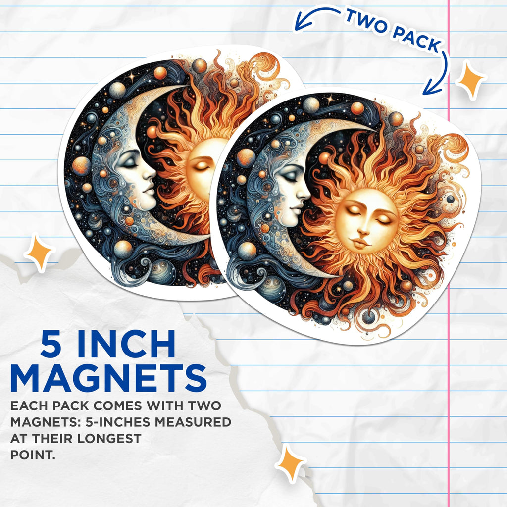 (2 Pack) Celestial Moon and Sun Magnets - Moon and Sun Cosmic Magnets - Celestial Art - 5 Inches On Longest Side - Premium Magnet - for Cars, Refrigerators, Toolboxes - Made in USA - MAG2243