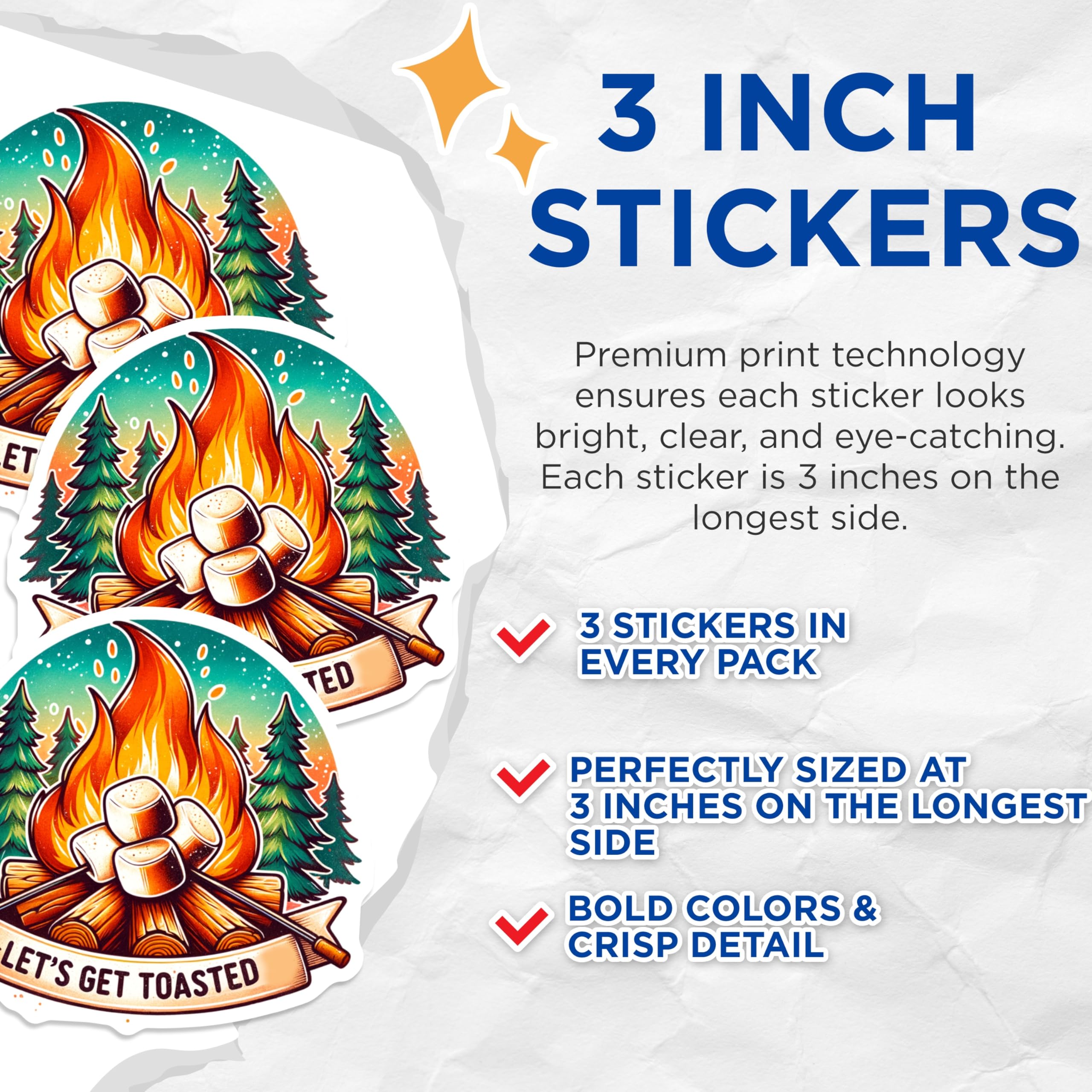 (3 Pack) Camping Decals - Bonfire Sticker - Let's Get Toasted Sticker- 3 Inches On Longest Side - Easy Peel & Apply - Made in USA - 3MCS5784
