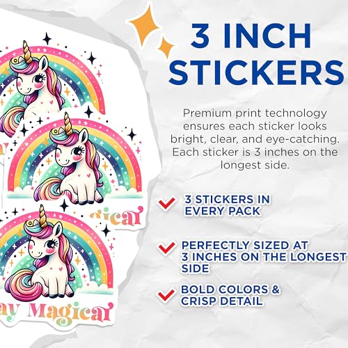 (3 Pack) Unicorn Rainbow Decals - Magical Decal - Stay Magical Stickers - 3 Inches On Longest Side - Easy Peel & Apply - Made in USA - 3MCS6835