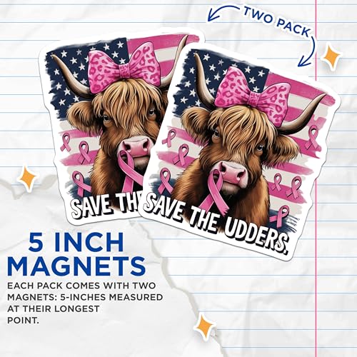 (2 Pack) Save The Udders Magnets - Cow with Bow - Ribbon Awareness Magnets - 5" On Longest Side - for Cars, Fridges, Toolboxes - Made in USA - MAG3981