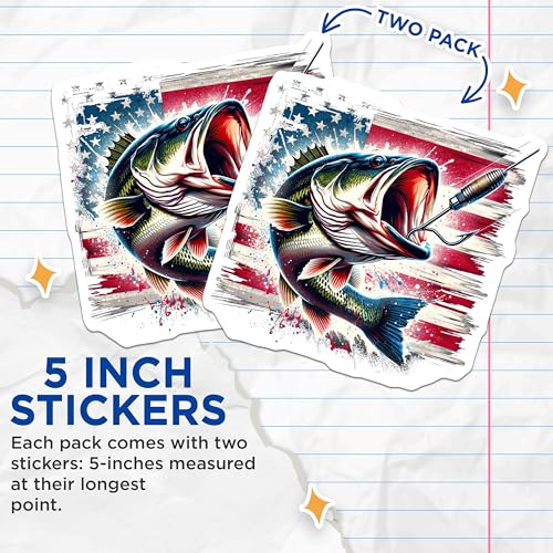 (2 Pack) Bass Fishing America Stickers - Patriotic Fish Design - American Flag Fishing Decal - 5" On Longest Side - Sticks to Smooth Flat Surfaces - Made in USA - BMCS8589