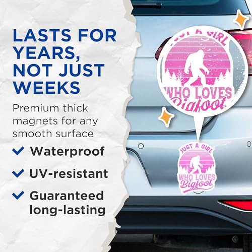 (2 Pack) Bigfoot Lover Magnets - Sasquatch Girl - Pink Sunset Yeti Refrigerator Decor - 5" On Longest Side - Premium Magnet - for Cars, Refrigerators, Toolboxes, Lockers - Made in USA - MAG18586