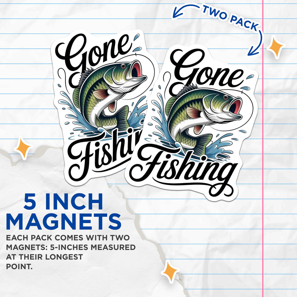 (2 Pack) Gone Fishing Magnets - Bass Fishing Design - Fisherman Decor for Refrigerator - 5 Inches On Longest Side - Thick Durable Magnet - Made in USA - MAG38959